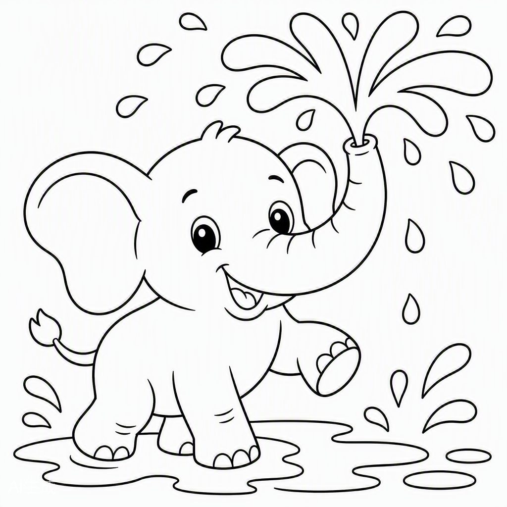 Baby Elephant Spraying Water — free printable coloring page