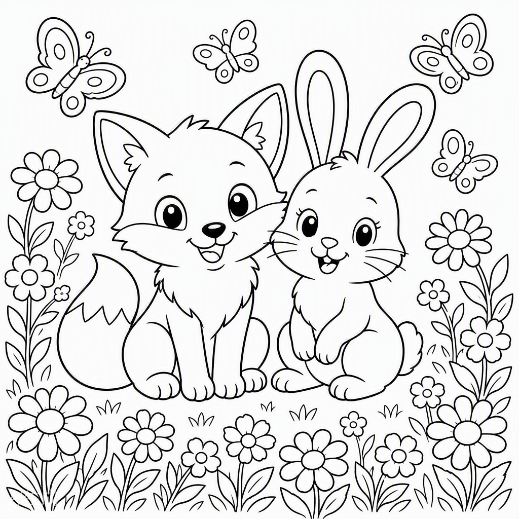 Fox & Rabbit in the Meadow — free printable coloring page