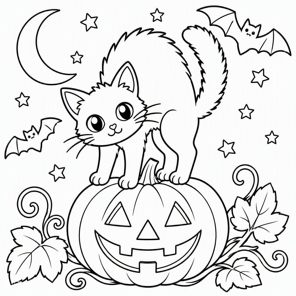 Black Cat on a Pumpkin — free printable coloring page