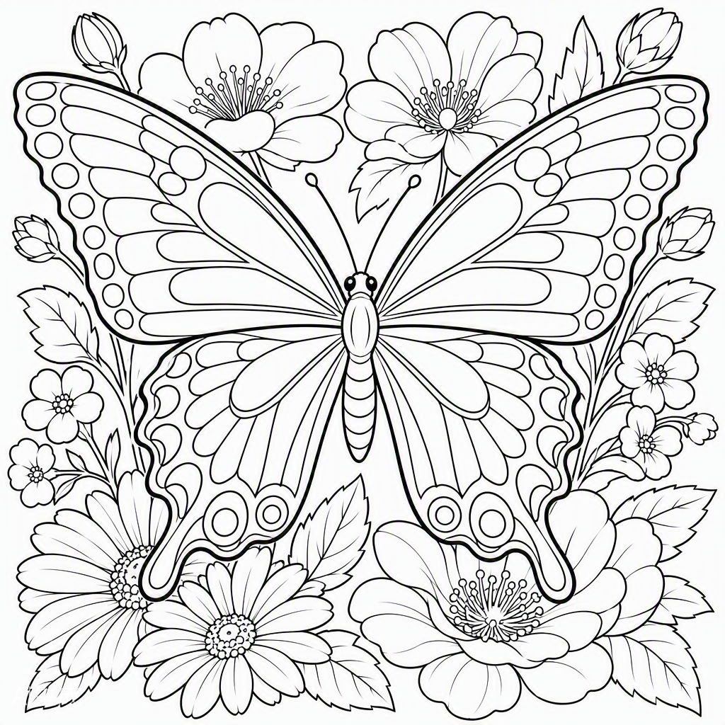 Butterfly over Flowers — free printable coloring page