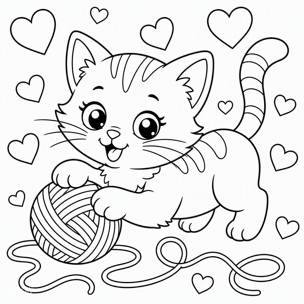 Kitten Playing with Yarn — free printable coloring page