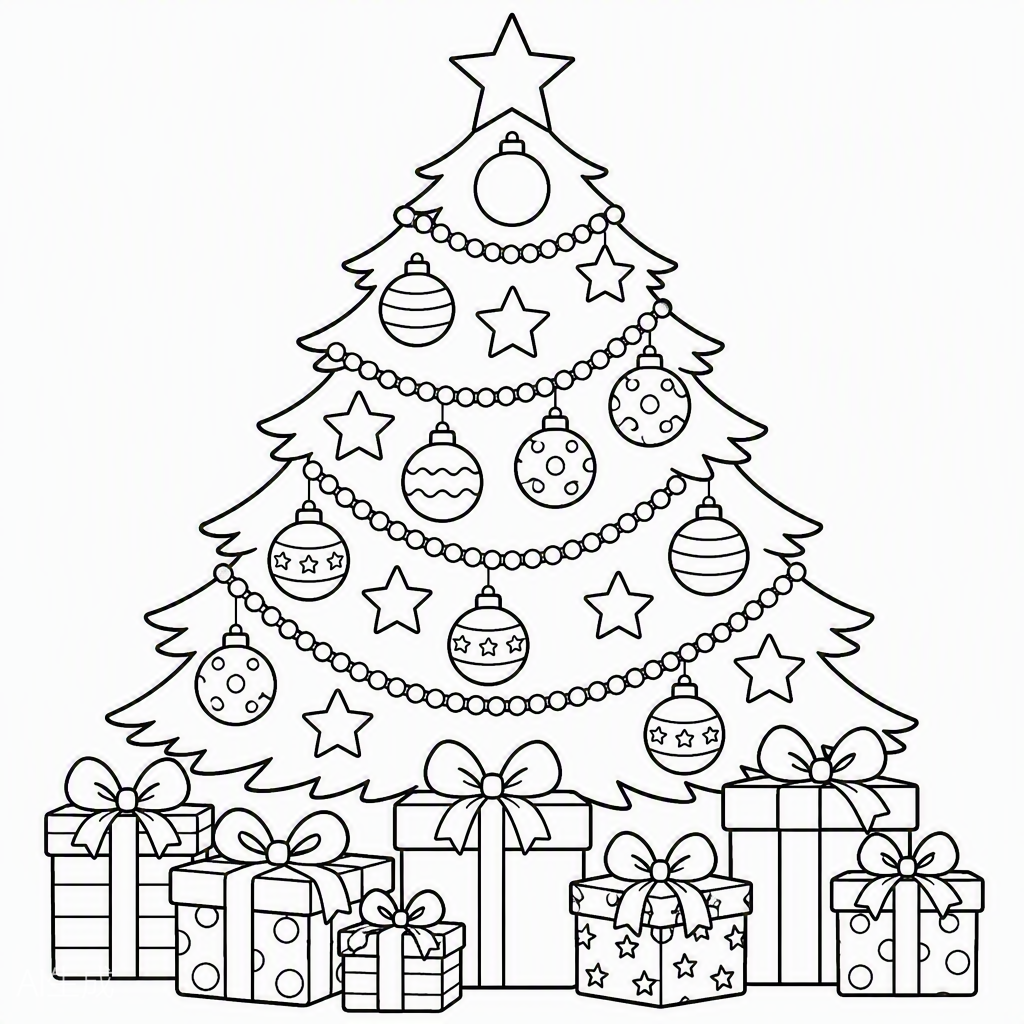 Christmas Tree & Gifts — free printable coloring page