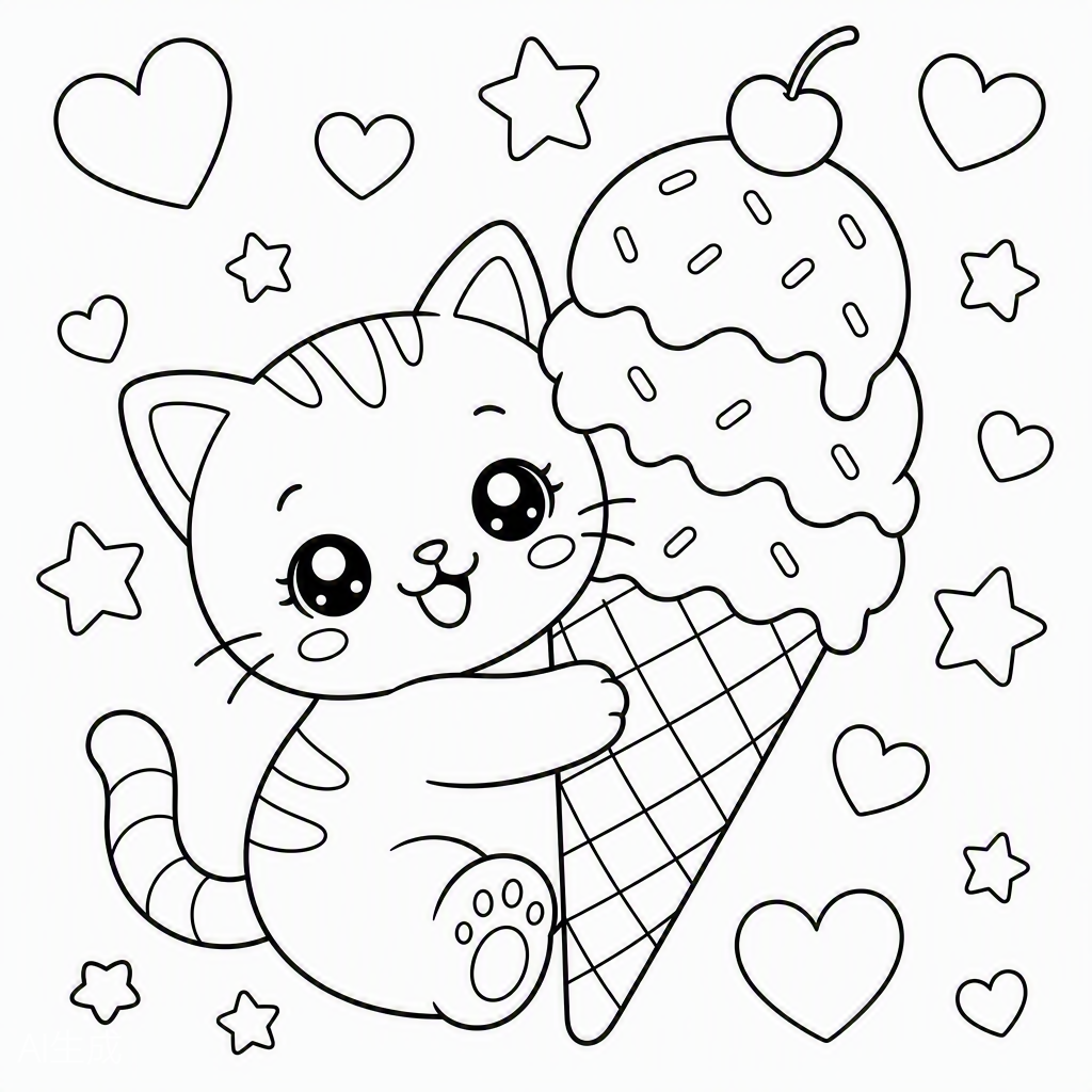 Kawaii Cat Loves Ice Cream — free printable coloring page