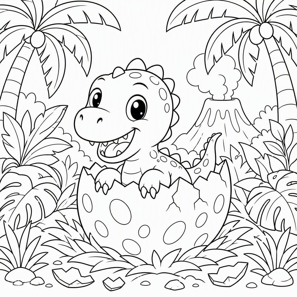 Baby Dinosaur Hatching — free printable coloring page