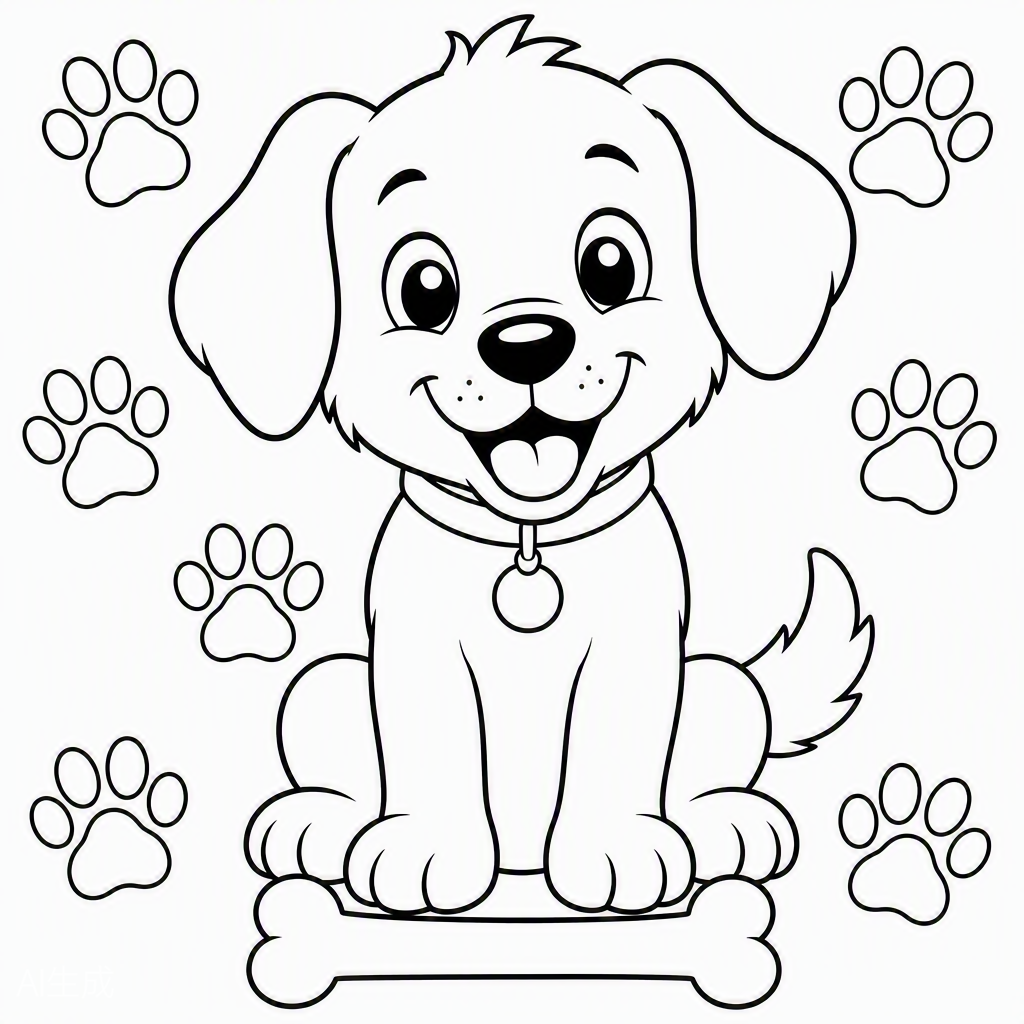 Happy Puppy with a Bone — free printable coloring page