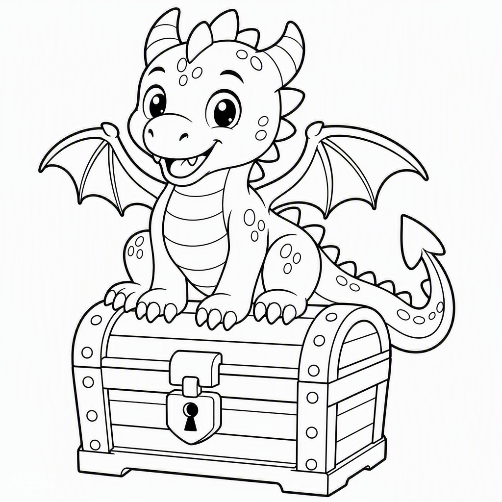 Friendly Dragon's Treasure — free printable coloring page