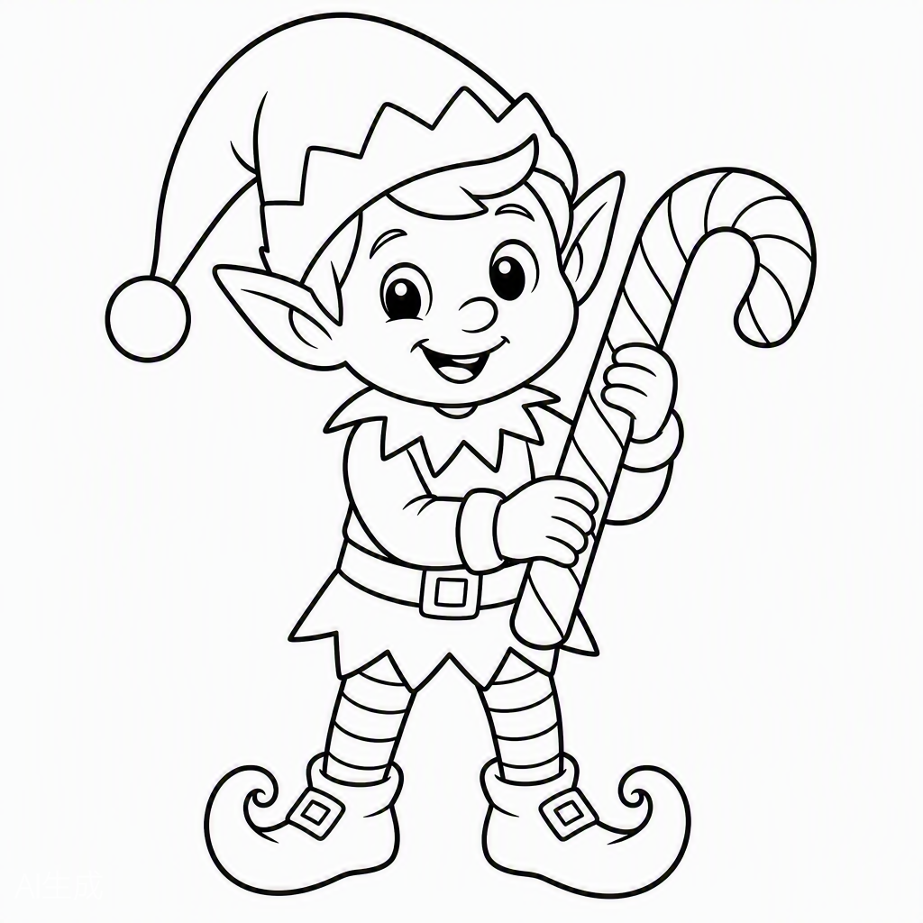 Elf with a Candy Cane — free printable coloring page