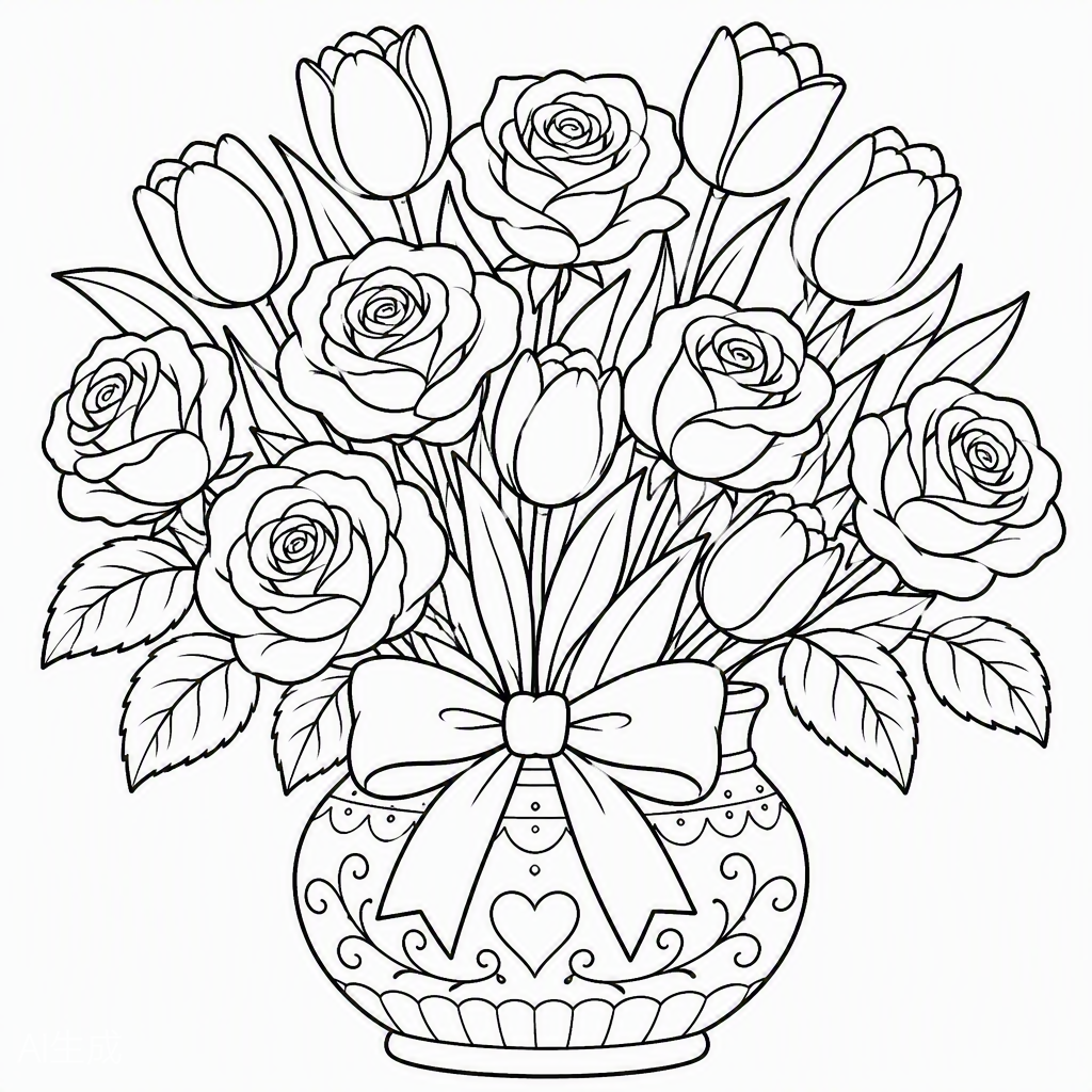 Roses & Tulips Bouquet — free printable coloring page