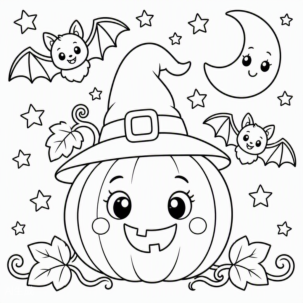 Pumpkin with Witch Hat — free printable coloring page