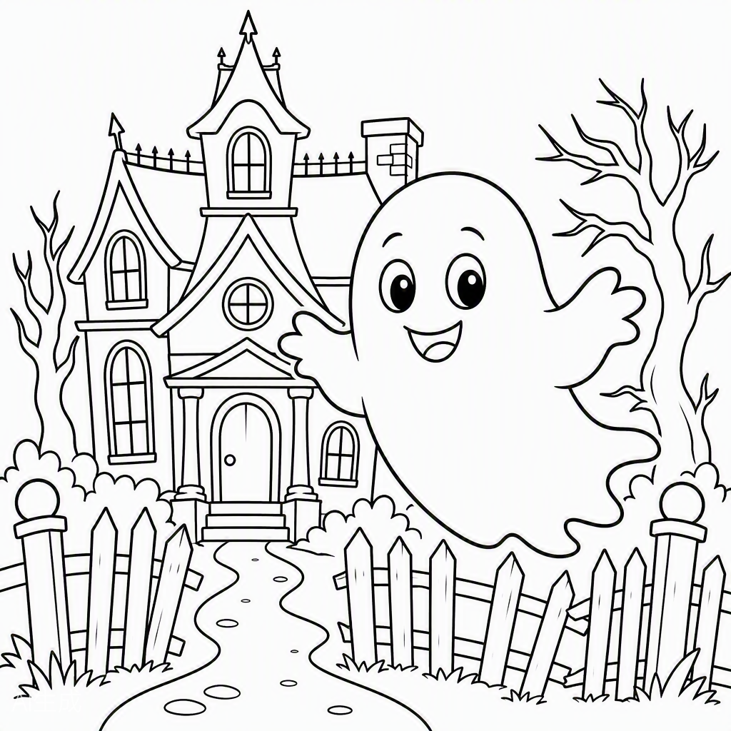 Friendly Ghost & Haunted House — free printable coloring page