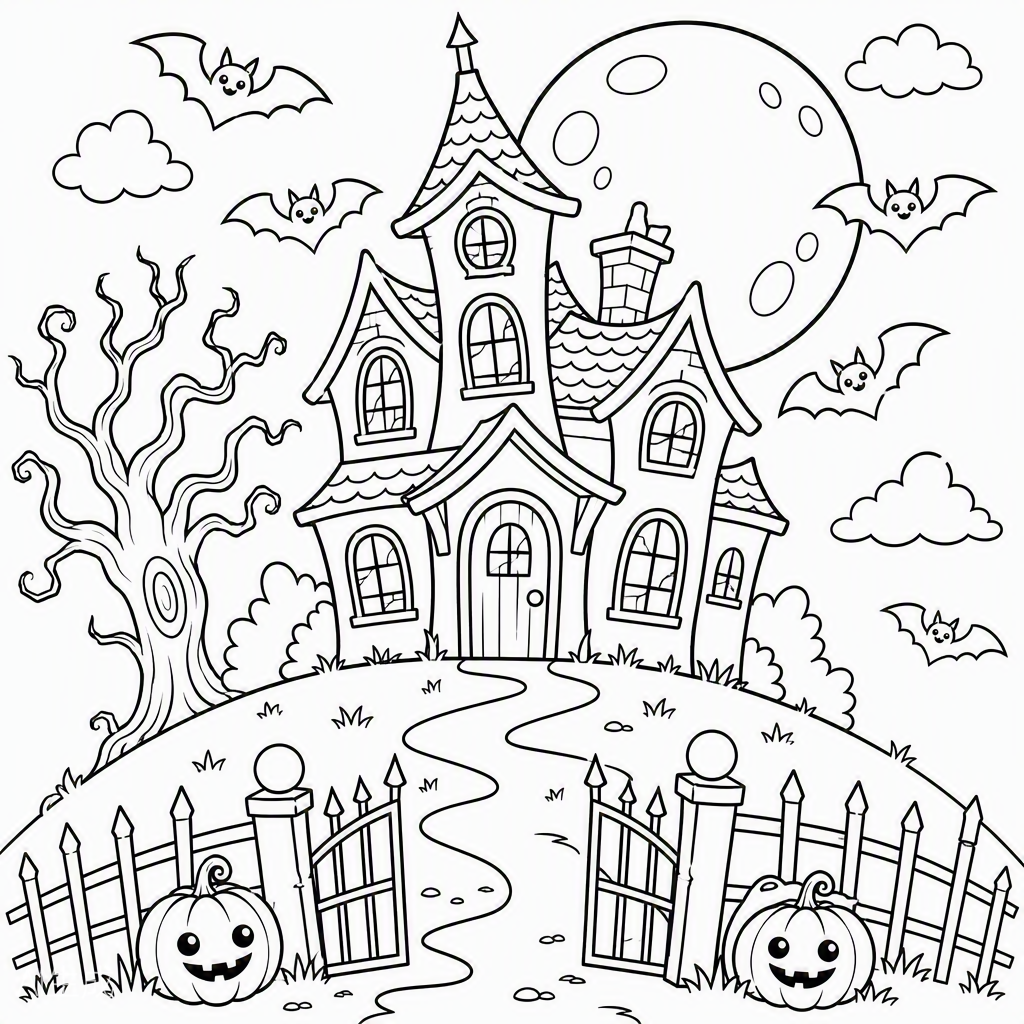 Haunted House on the Hill — free printable coloring page