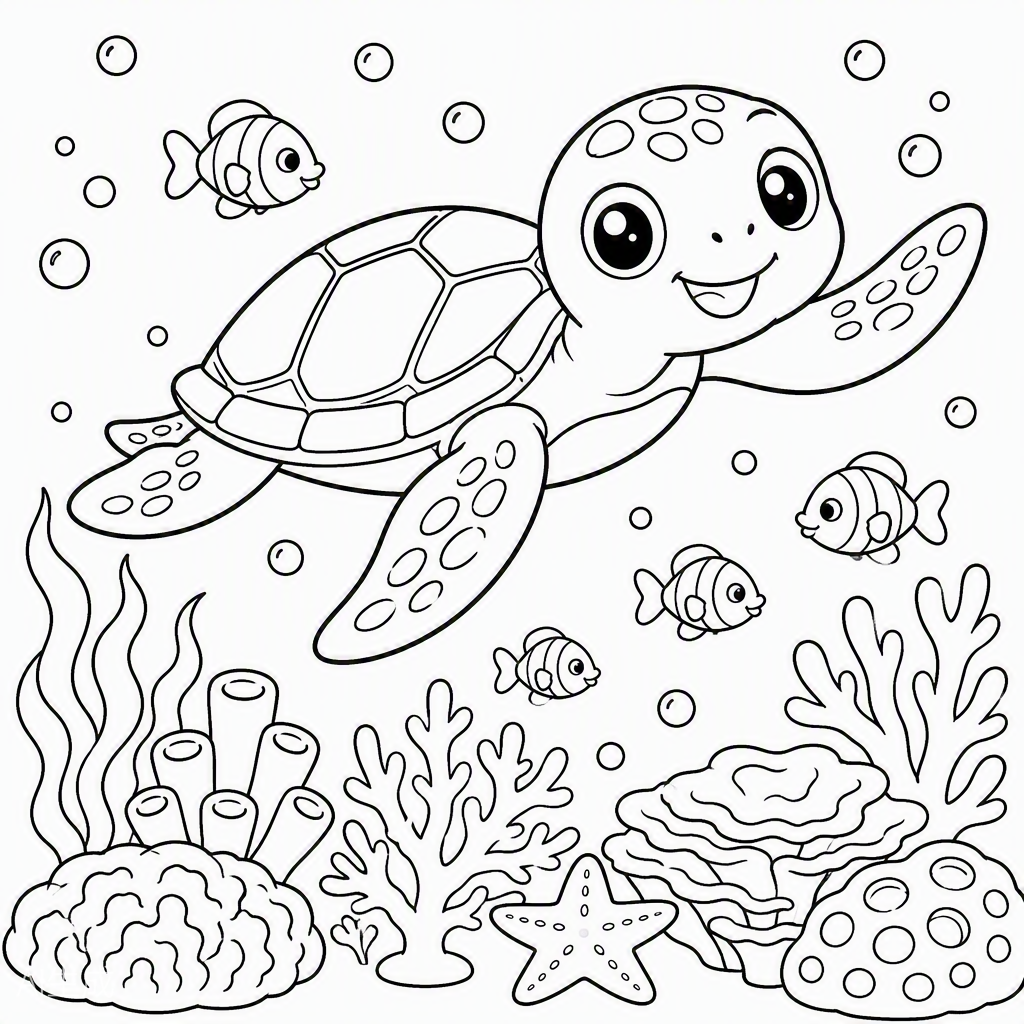Sea Turtle over the Reef — free printable coloring page