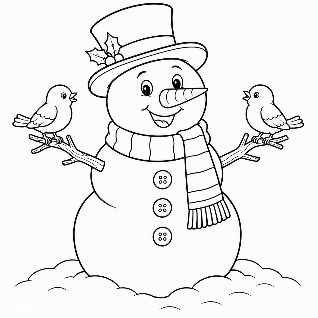Cheerful Snowman — free printable coloring page
