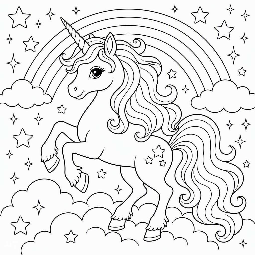 Unicorn & Rainbow — free printable coloring page