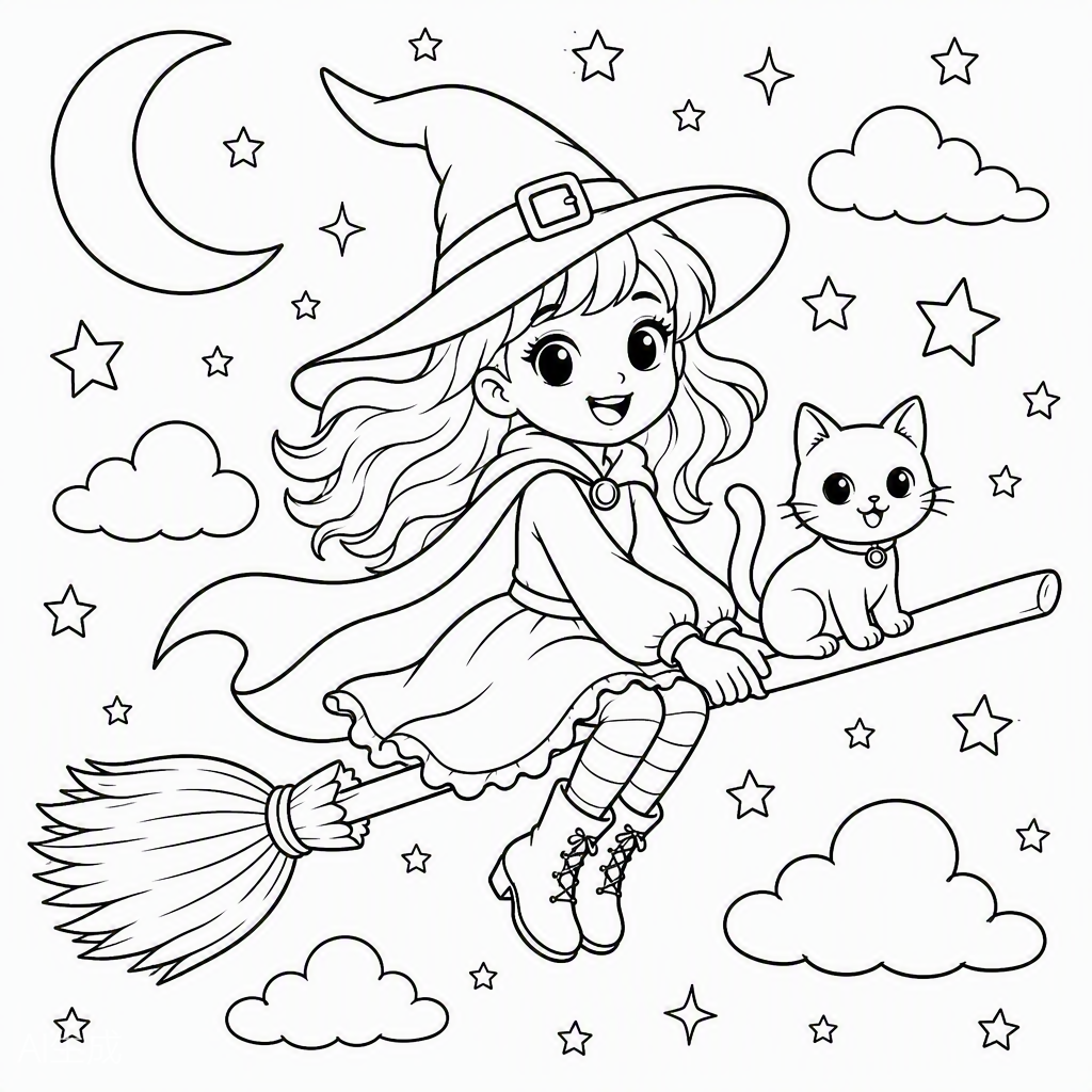 Witch on Her Broomstick — free printable coloring page